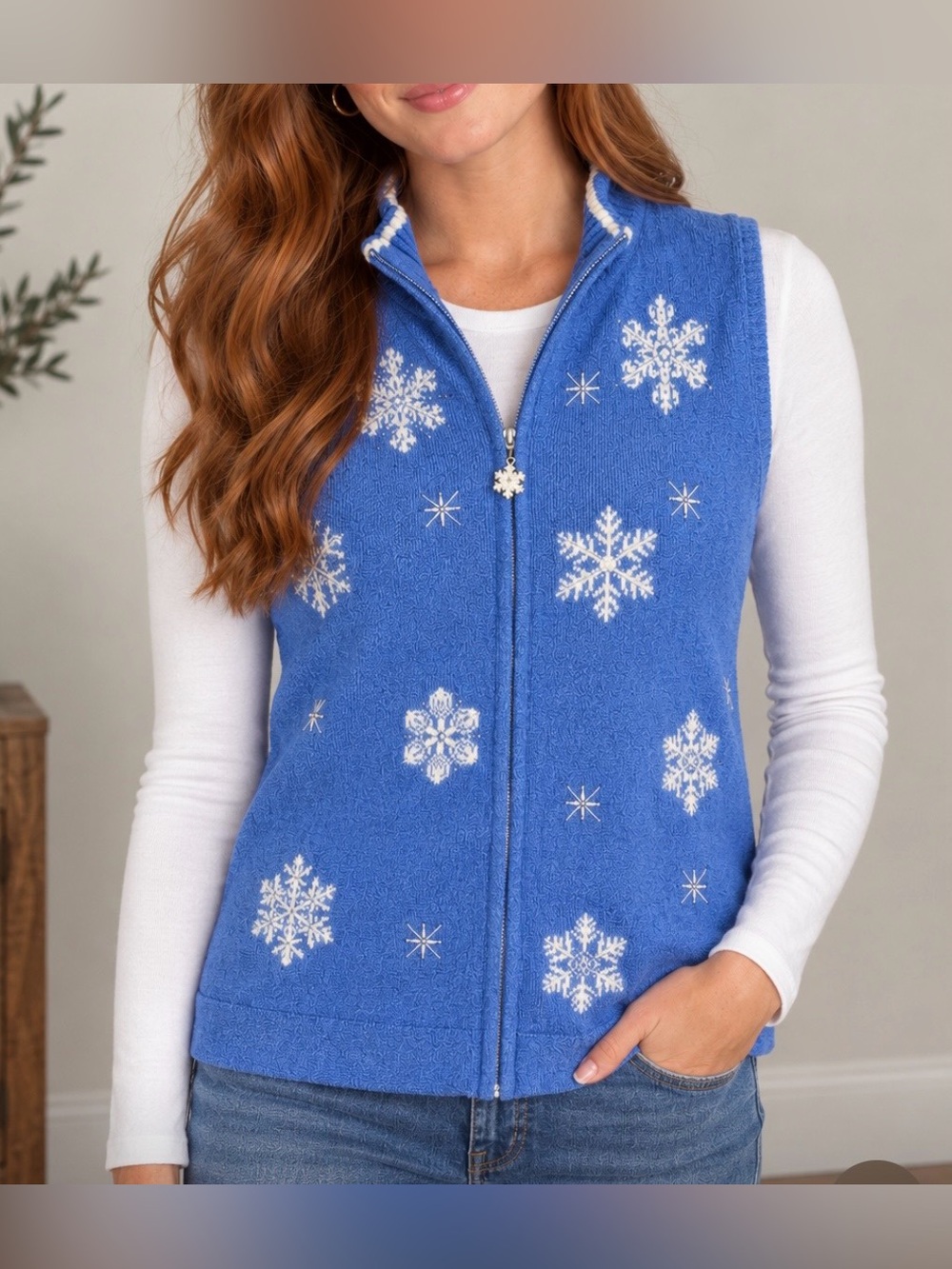 Quacker Factory Blue Snowflake Zip-Front Sweater Vest
